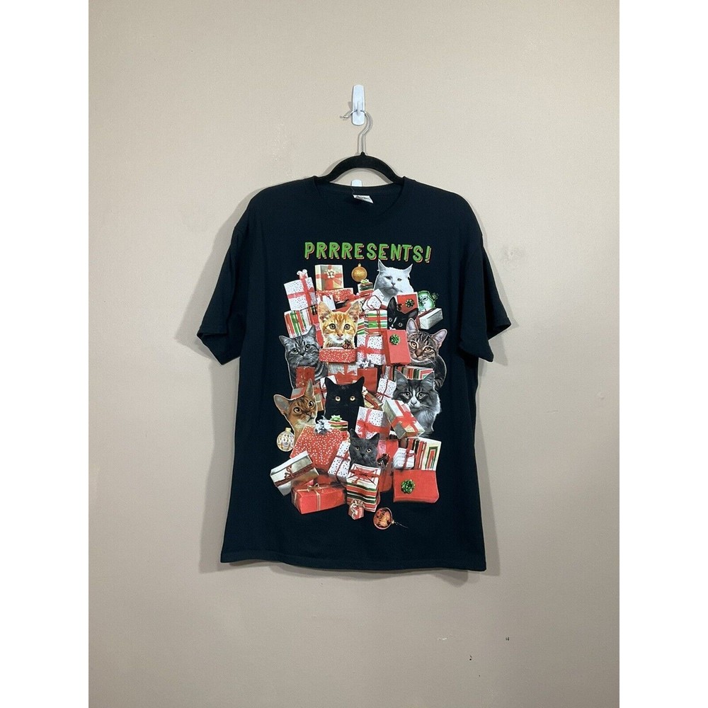 Dec 25th Unisex Christmas Cat Graphic Print T-shirt L Black Presents Holidays